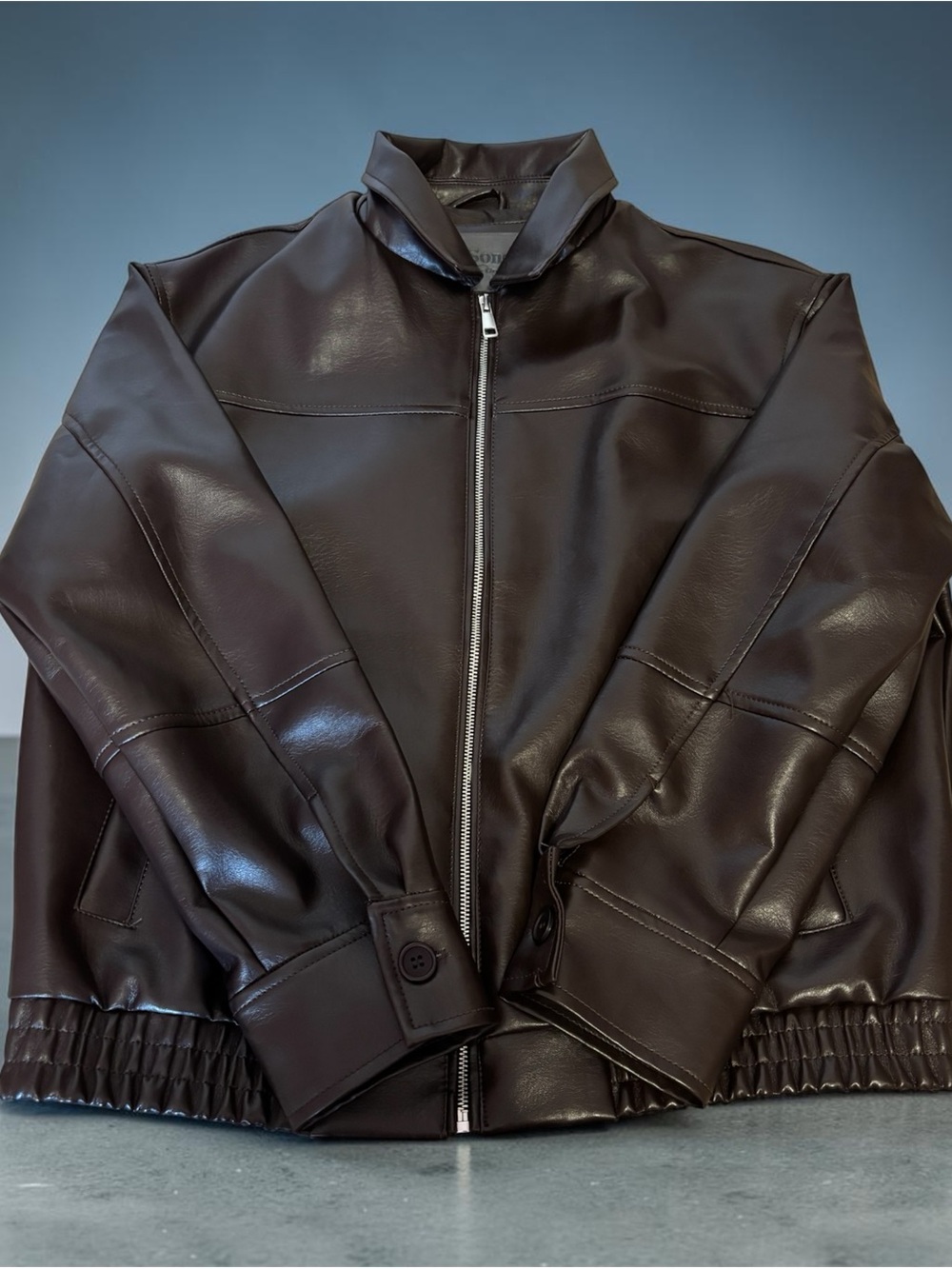 Cavalini Dark Brown Faux Leather Zip-Front Bomber Jacket